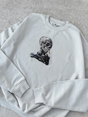 SKULL OF A SKELETON WITH BURNING CIGARETTE CREWNECK