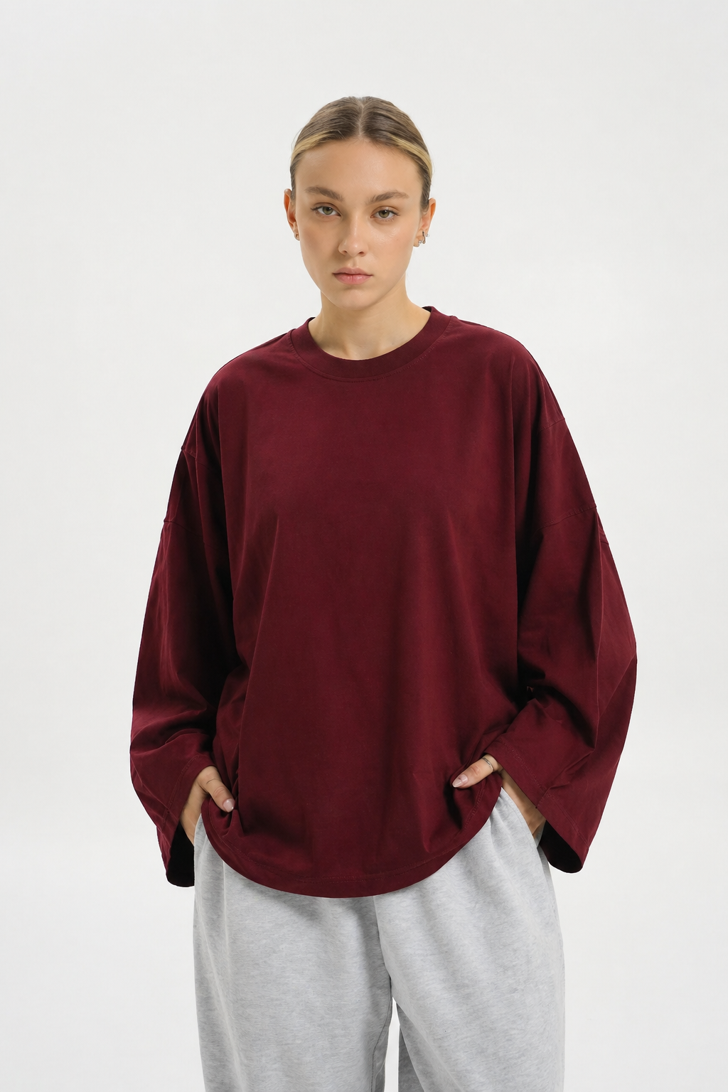 Burgundy Long Sleeve Oversized T-Shirt