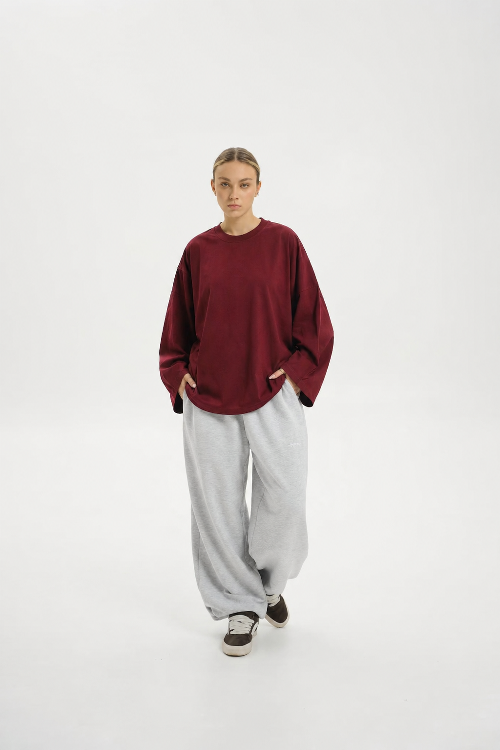 Burgundy Long Sleeve Oversized T-Shirt