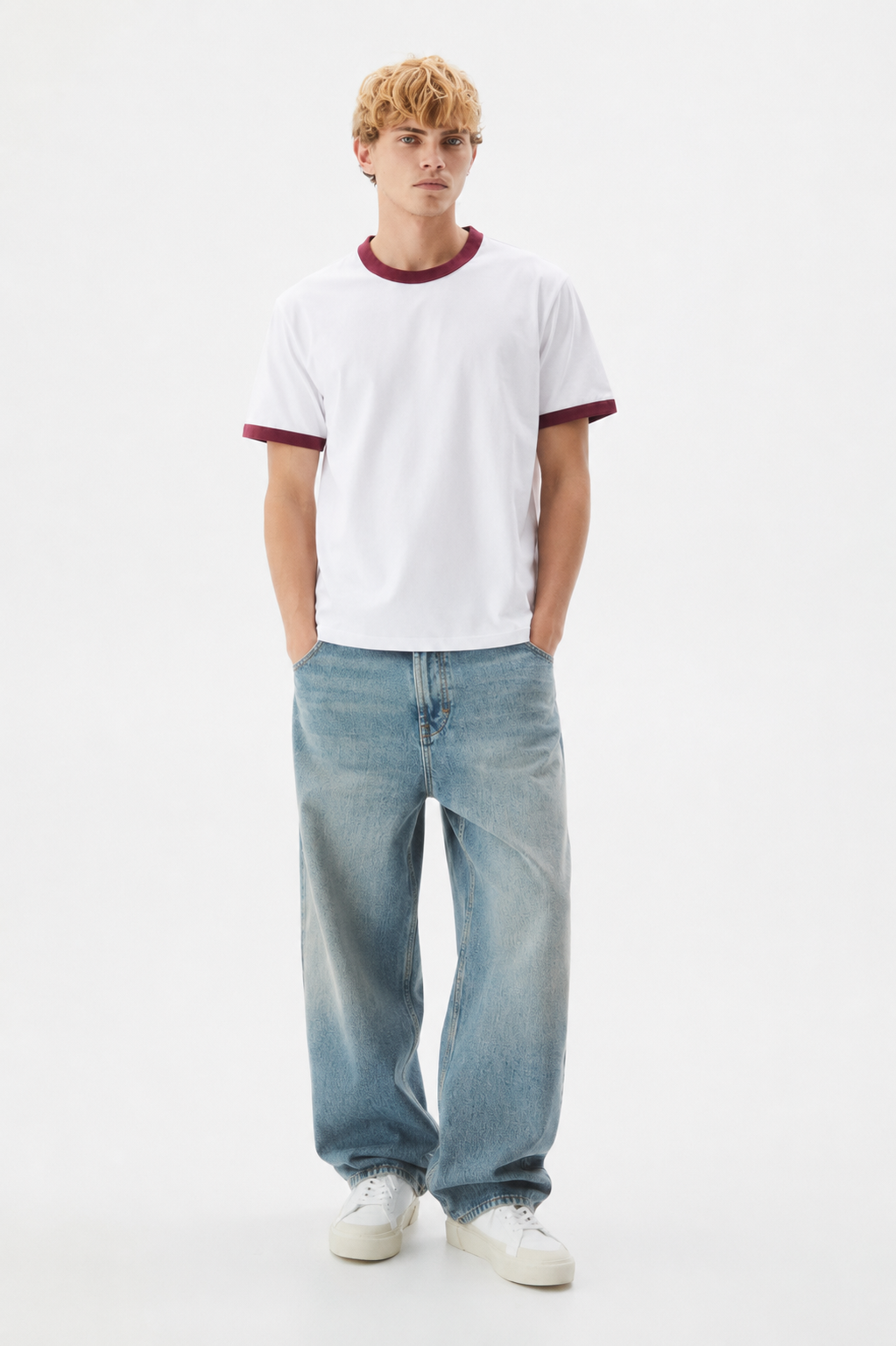 White & Burgundy Ringer T-Shirt